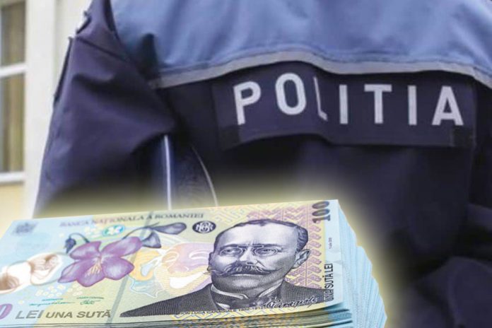 Un set de bancnote în spatele unui poliţist în uniformă