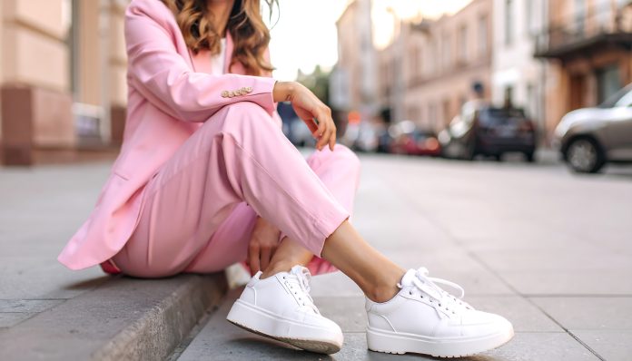 Woman in pink suit and white sneakers on city street